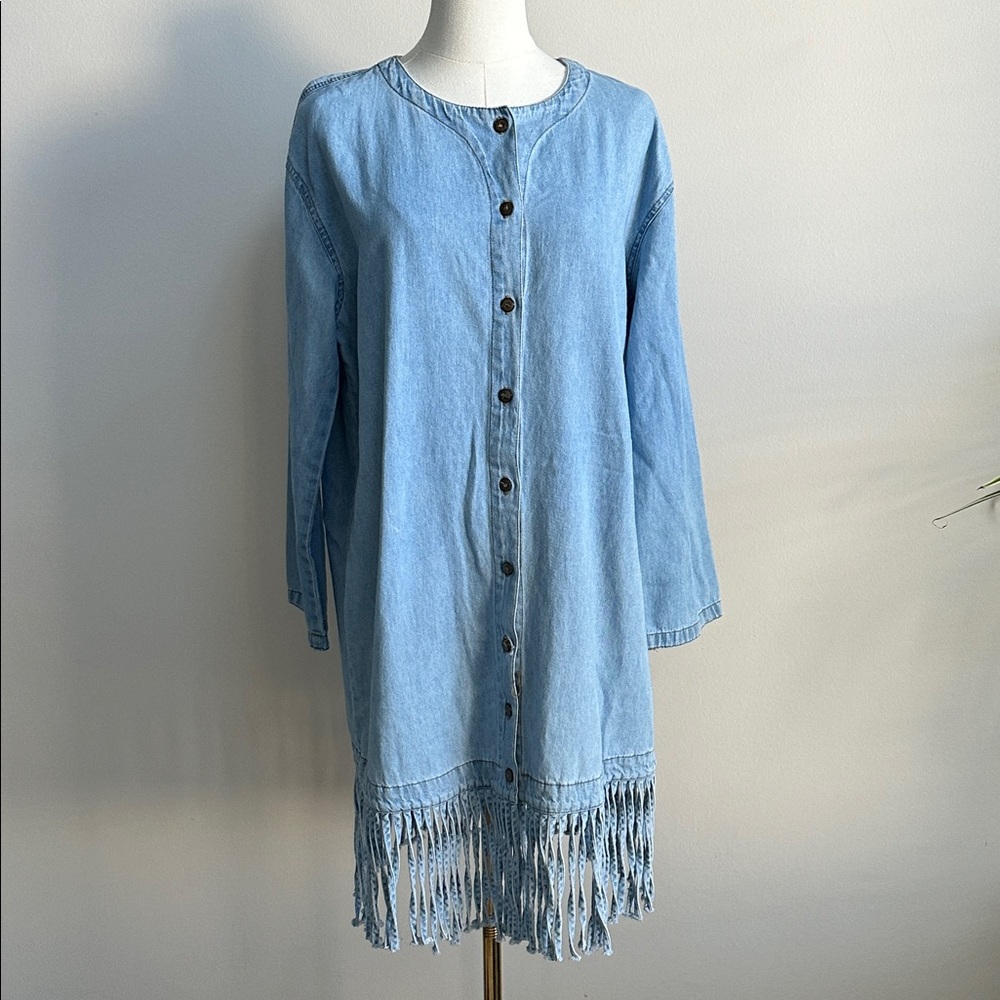 Vintage Women's Boho Coastal Cowgirl Denim Fringe Midi Long Sleeve Shirt Dress S